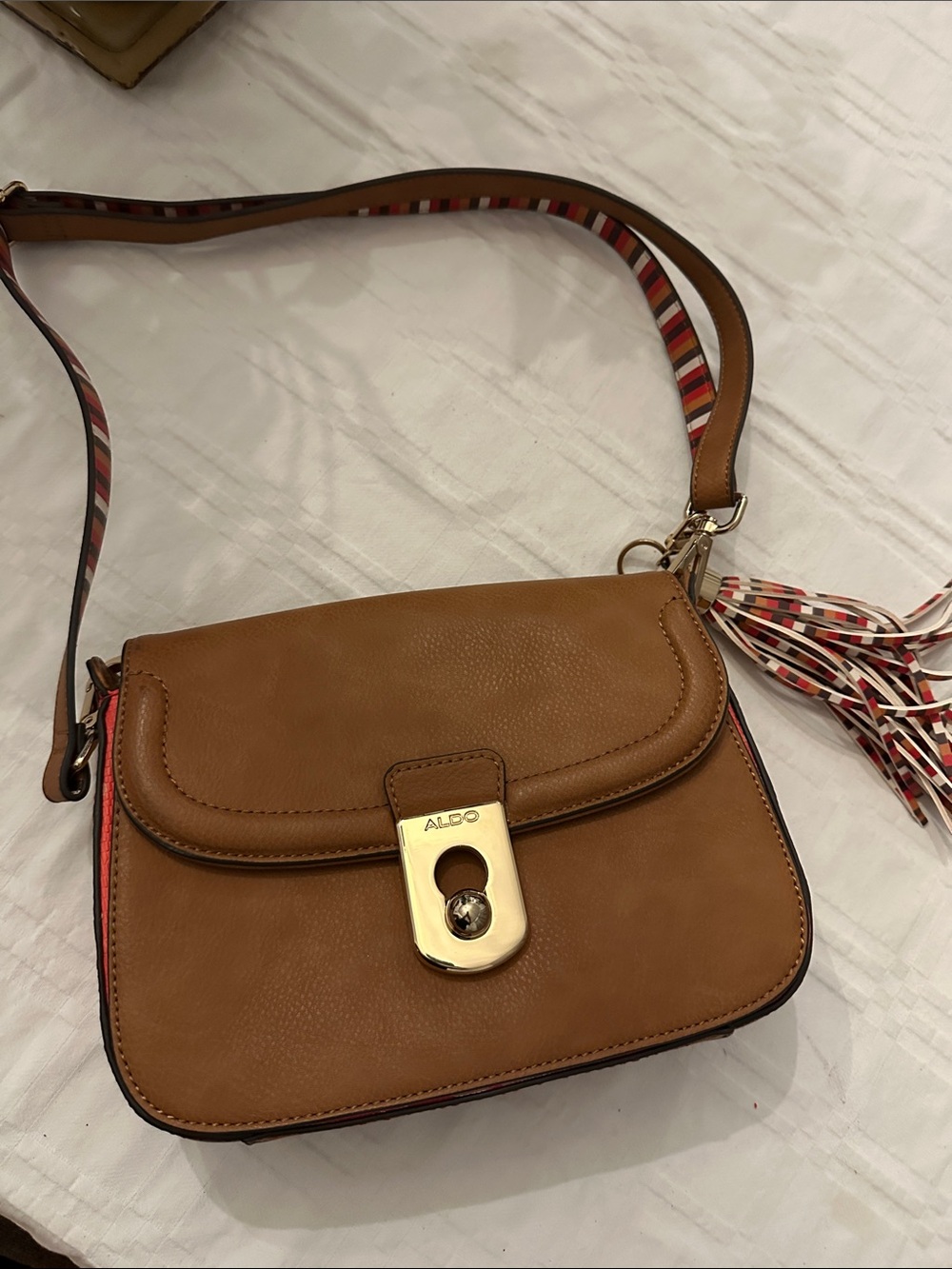 ALDO Tan Crossbody Bag with Striped Accent Strap and Gold Hardware